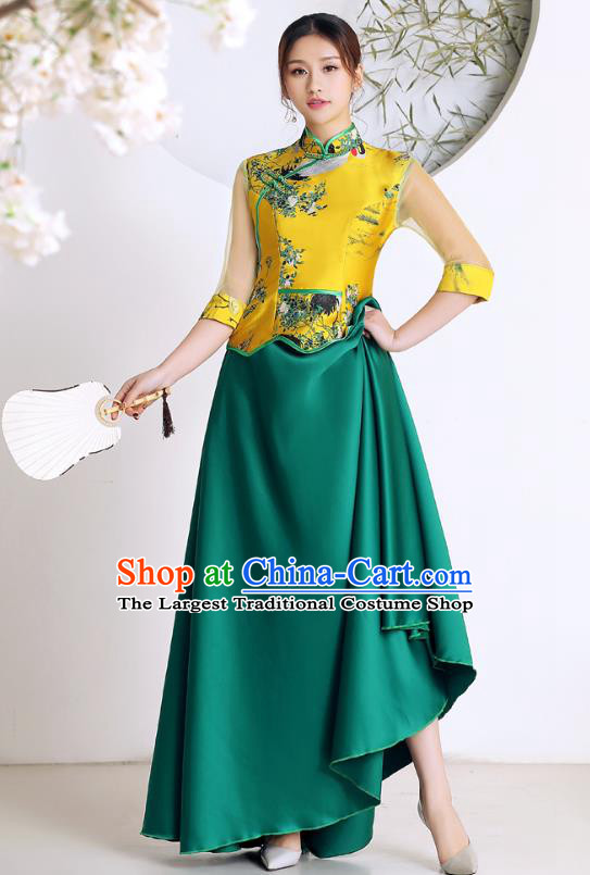 Chinese Traditional Chorus Costumes Stage Performance Printing Yellow Blouse and Green Skirt Outfits