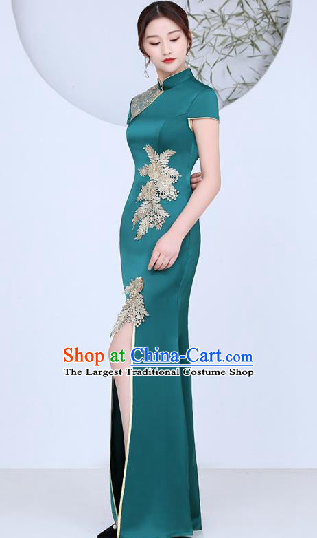 China Stage Performance Evening Dress Clothing Classical Green Satin Qipao Catwalks Show Cheongsam