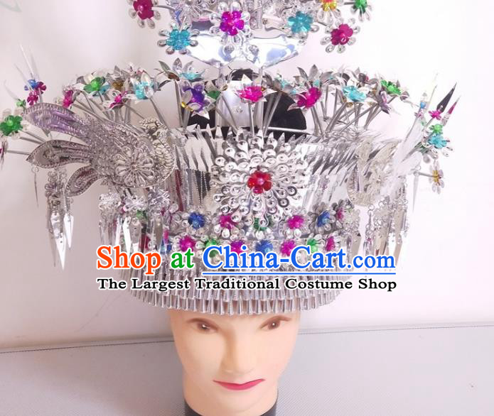 China Traditional Silver Hair Accessories Hmong Ethnic Phoenix Coronet Guizhou Miao Nationality Hair Crown Hat