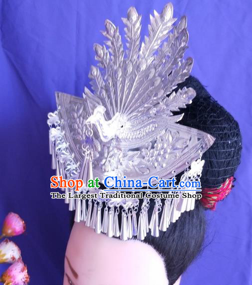 China Traditional Wedding Hair Accessories Hmong Ethnic Silver Phoenix Hair Crown Guizhou Miao Nationality Hairpin