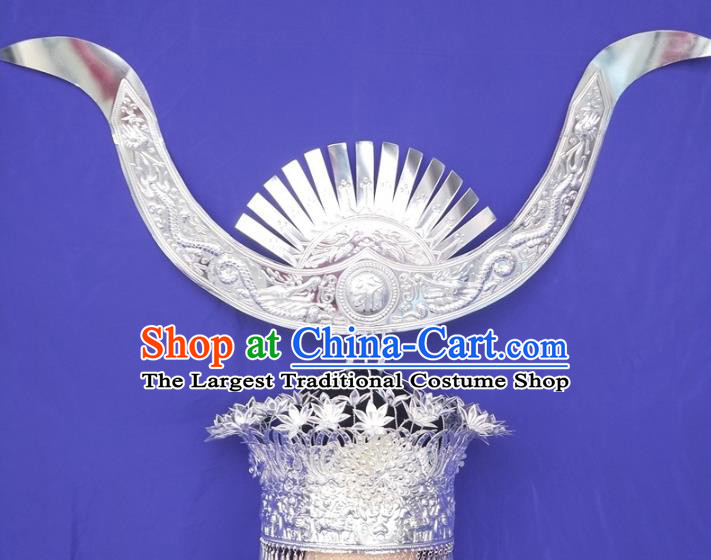 China Miao Nationality Bride Hat Traditional Wedding Headdress Guizhou Hmong Ethnic Silver Ox Horn Hair Crown