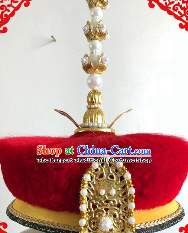 China Traditional Qing Dynasty Emperor Hat Ancient Royal King Pearls Headdress