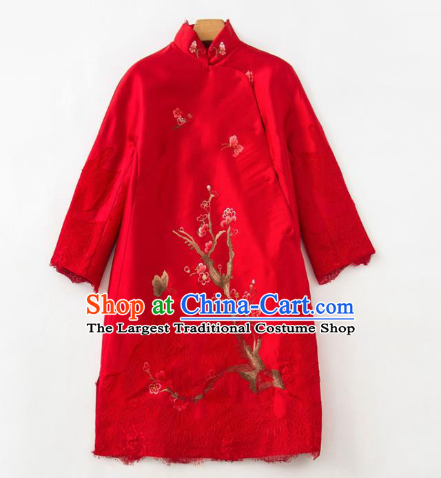 Chinese Traditional Women Cheongsam Clothing National Classical Embroidered Red Lace Qipao Dress