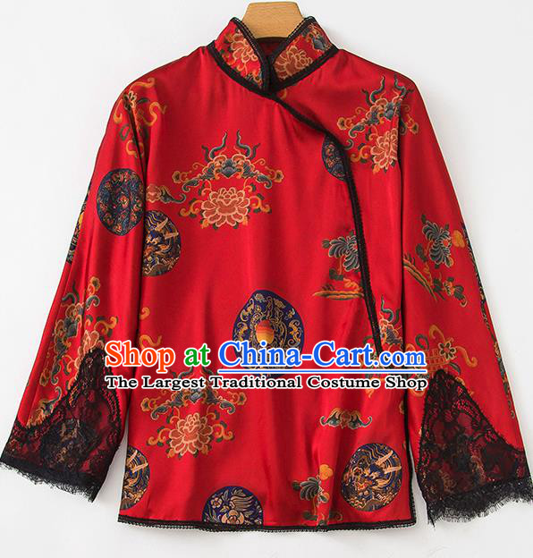 China Traditional Women Upper Outer Garment Printing Peony Red Silk Blouse Tang Suit Shirt