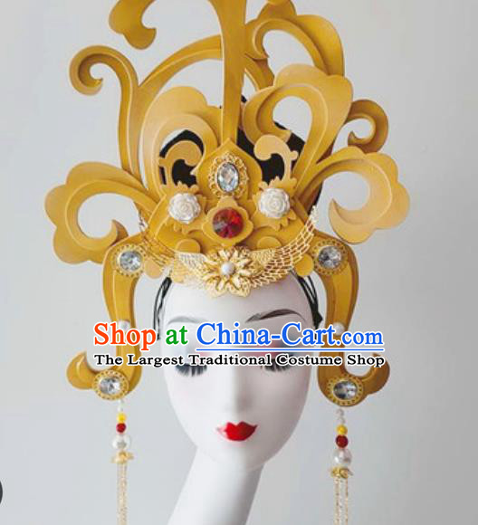 China Classical Dance Hair Crown Traditional Stage Performance Hair Accessories Handmade Goddess Wigs Chignon