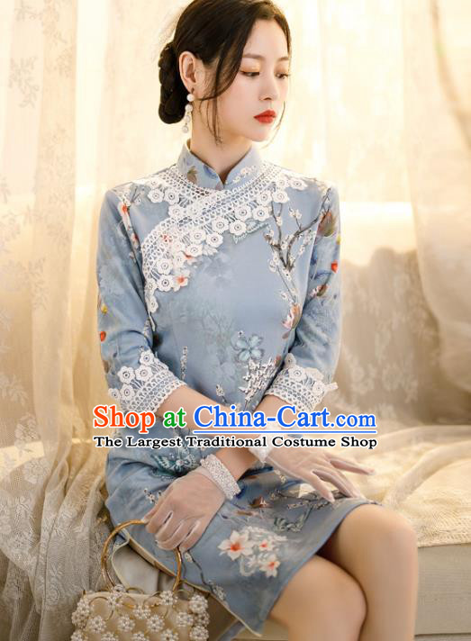 Chinese Classical Printing Flowers Blue Qipao Dress Traditional Shang Hai Cheongsam