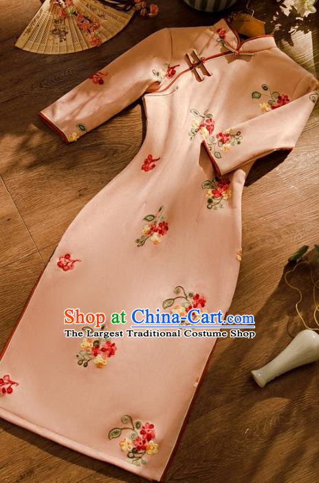 Chinese Classical Winter Qipao Dress Traditional Printing Pink Suede Fabric Cheongsam