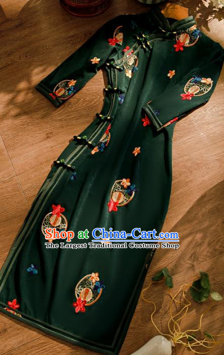 Chinese Traditional Embroidered Deep Green Cheongsam Classical Female Qipao Dress