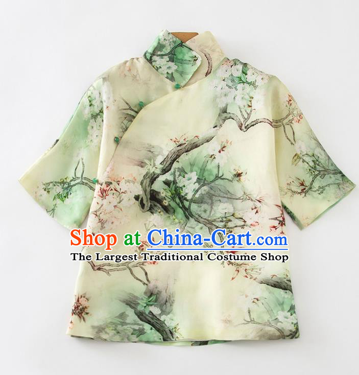 China Traditional Printing Pear Blossom Shirt Tang Suit Upper Outer Garment Women Green Silk Blouse