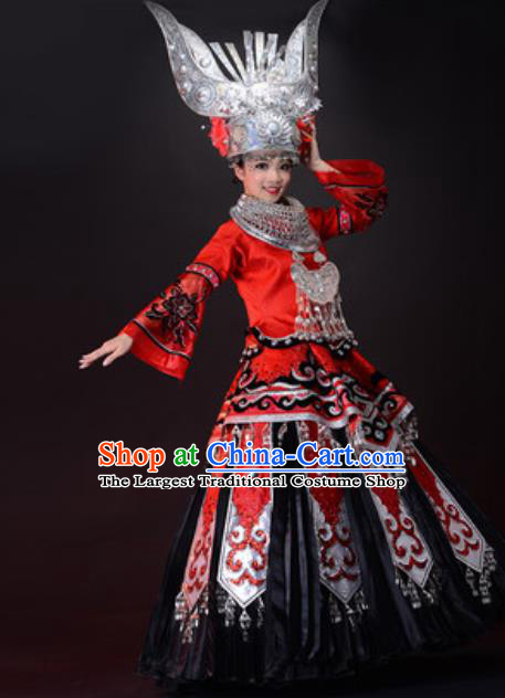 Chinese Ethnic Wedding Bride Red Dress Outfits Miao Nationality Minority Stage Performance Costumes