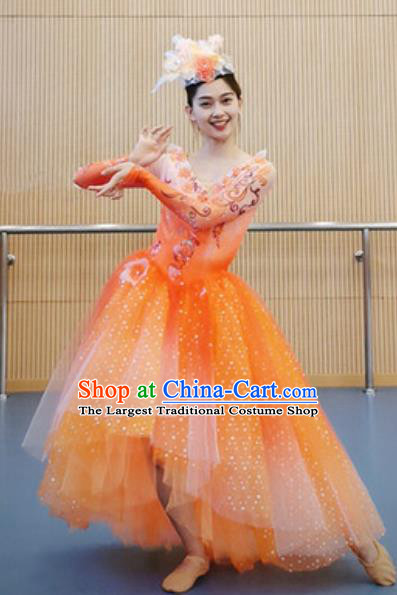 China Modern Dance Stage Performance Orange Dress Opening Dance Costume