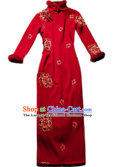 Chinese Traditional Wedding Cheongsam Bride Toast Clothing Classical Winter Red Qipao Dress