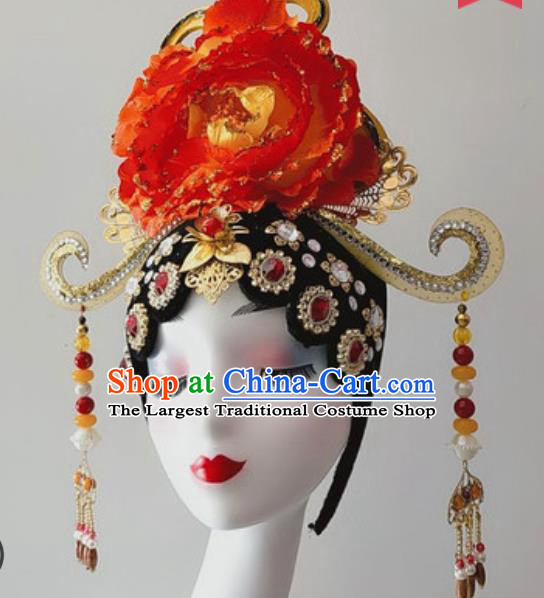 China Traditional Opening Dance Headdress Stage Performance Red Peony Hair Crown