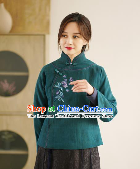 China National Green Jacket Winter Women Clothing Tang Suit Embroidered Short Coat