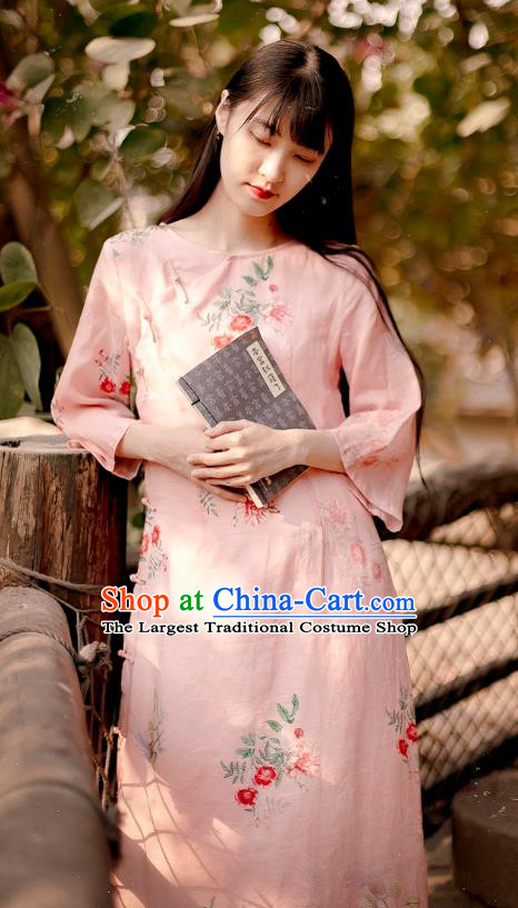 Chinese National Round Collar Qipao Dress Traditional Printing Pink Ramie Cheongsam