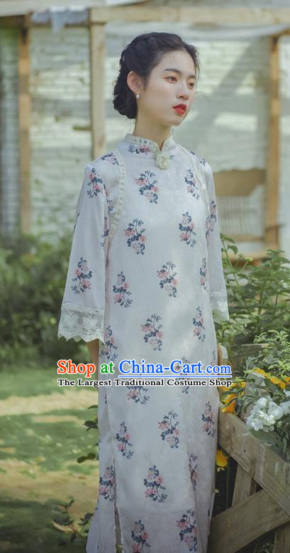 Chinese Traditional Printing White Flax Cheongsam Clothing National Stand Collar Qipao Dress