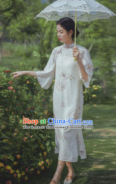 Chinese Traditional Wide Sleeve Cheongsam Clothing National Printing Beige Flax Qipao Dress