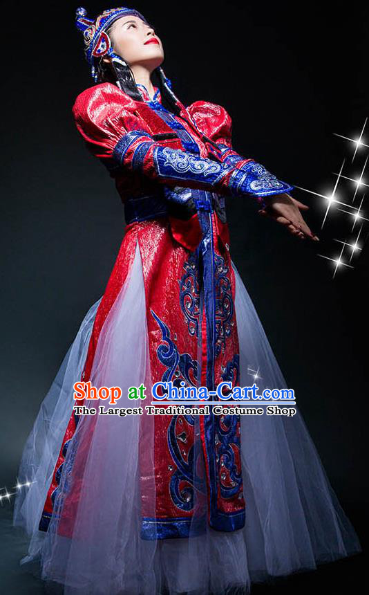 Chinese Mongolian Ethnic Woman Stage Performance Dress Outfits Mongol Nationality Minority Folk Dance Costumes