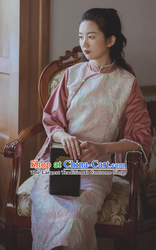 Chinese Traditional Wide Sleeve Cheongsam Clothing National Pink Corduroy Qipao Dress