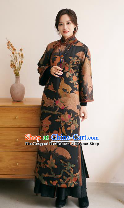 China Female Printing Long Cheongsam Winter Black Silk Qipao Dress