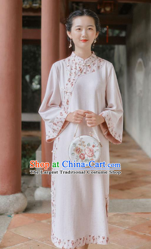 Chinese Traditional Wide Sleeve Cheongsam Clothing National Young Lady Light Pink Qipao Dress