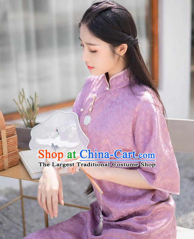 Chinese Traditional Clothing Purple Brocade Cheongsam National Young Lady Qipao Dress