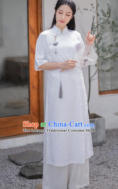 Chinese National Young Lady Qipao Dress Traditional Clothing White Brocade Cheongsam