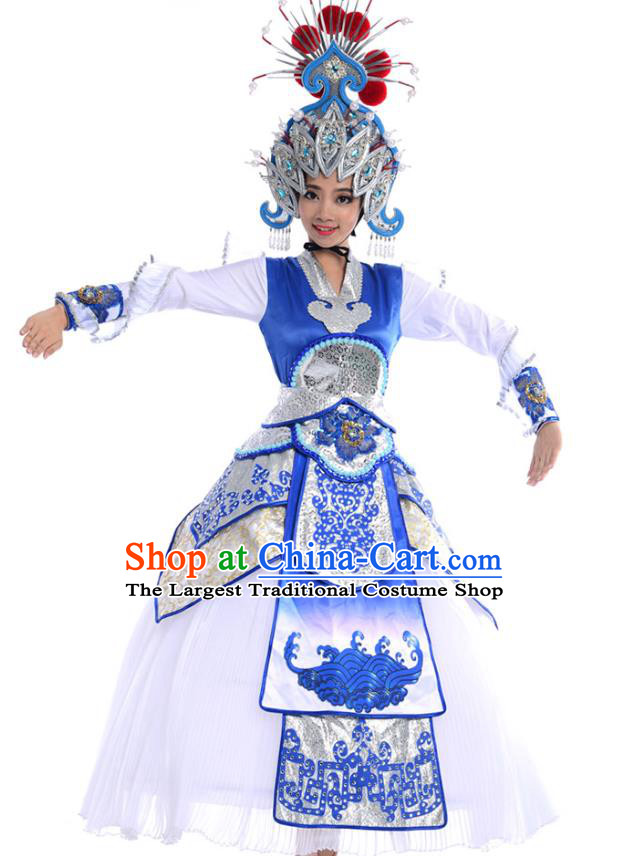 China Beijing Opera Stage Performance Actress Costume Traditional Peking Opera Blues White Dress