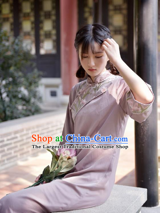 Chinese National Embroidered Qipao Dress Traditional Clothing Young Lady Pink Cheongsam