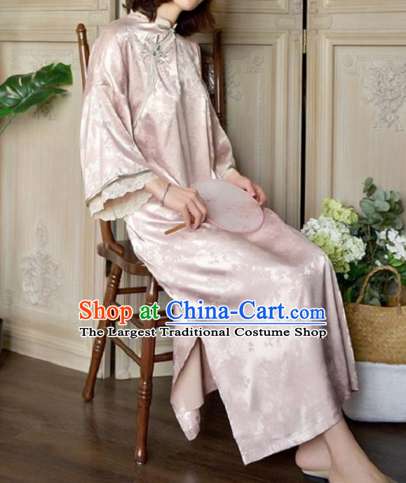 Chinese National Shanghai Beauty Qipao Dress Traditional Clothing Wide Sleeve Pink Cheongsam