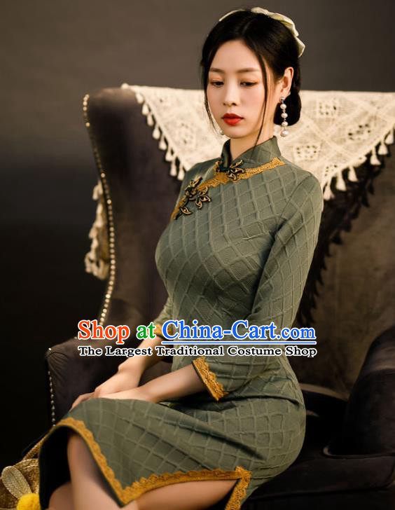 Chinese Traditional Stage Performance Knitted Green Cheongsam Classical Dance Qipao Dress