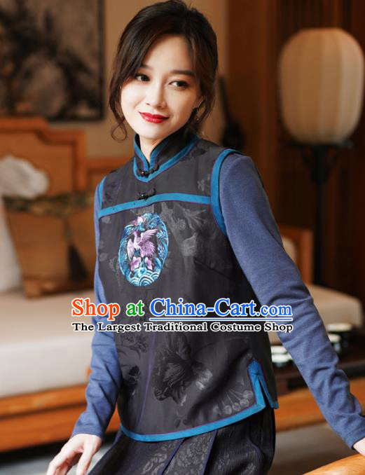 Chinese Classical Embroidered Black Silk Vest National Women Tang Suit Waistcoat Upper Outer Garment