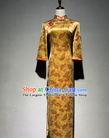 China Golden Brocade Cheongsam Catwalks Stage Performance Costume Classical Dance Qipao Dress