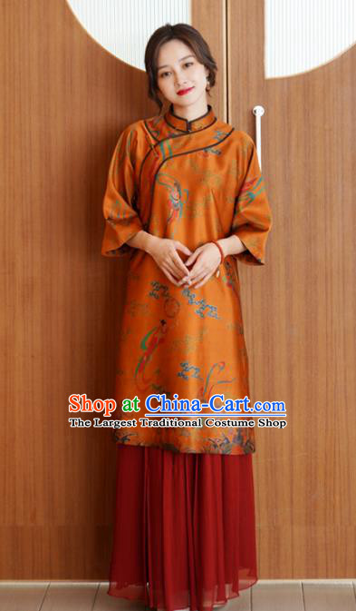 China Tang Suit Overcoat National Women Clothing Classical Goddess Pattern Orange Silk Long Gown