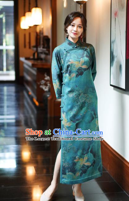 China Classical Lotus Pattern Green Silk Qipao Dress National Female Long Cheongsam