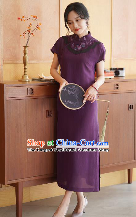 China National Stand Collar Qipao Costume Classical Embroidered Purple Silk Cheongsam Dress