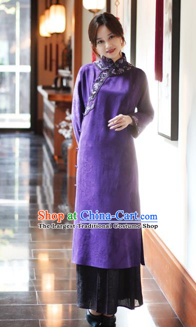 Republic of China National Female Purple Silk Cheongsam Classical Embroidered Qipao Dress