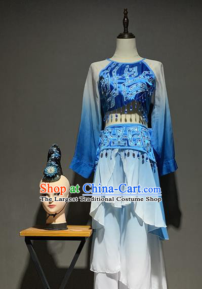 China Traditional Stage Performance Costumes Classical Dance Blue Outfits and Hair Accessories