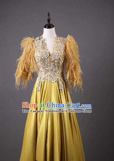 Top Grade Party Compere Yellow Feather Full Dress Catwalks Modern Dance Costume