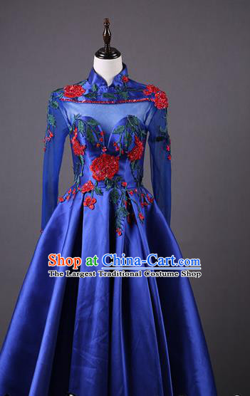 Top Grade Compere Royalblue Satin Full Dress Catwalks Stage Show Costume