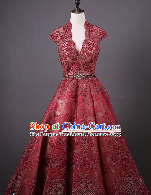 Top Grade Wedding Compere Costume Ballroom Dance Wine Red Lace Full Dress