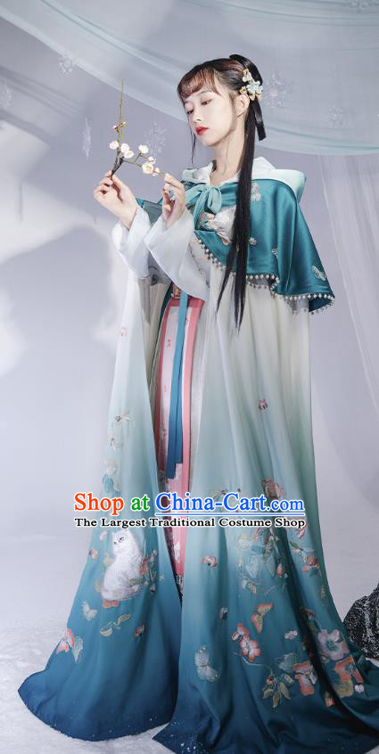 China Ancient Noble Infanta Cape Clothing Traditional Ming Dynasty Princess Embroidered Blue Silk Cloak