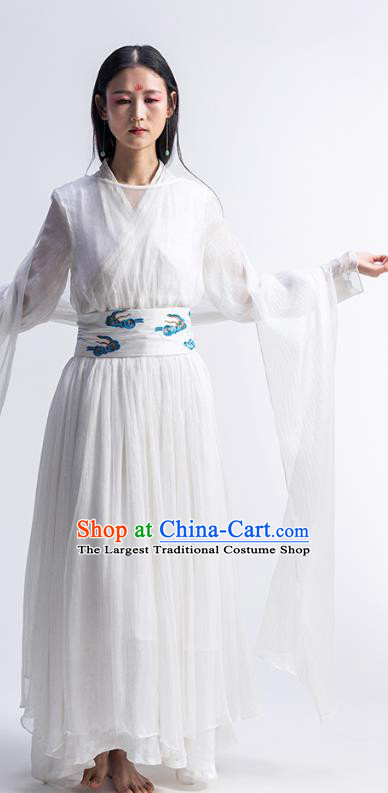 Chinese Traditional Zen Clothing Classical Dance Costume National White Chiffon Qipao Dress