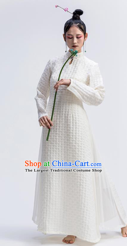 Chinese National White Flax Qipao Dress Traditional Zen Cheongsam Clothing Classical Dance Costume