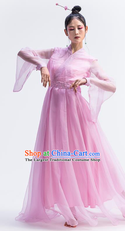 Chinese National Pink Silk Dress Traditional Stage Performance Clothing Classical Dance Costume