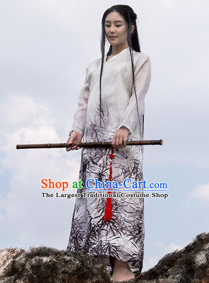 Chinese National Ink Painting White Silk Dress Traditional Zen Clothing Martial Arts Costume