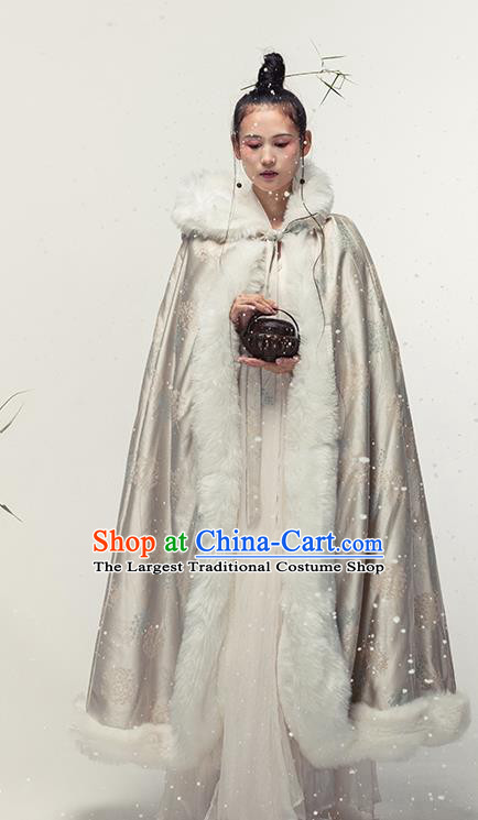 Chinese Traditional Winter Light Golden Satin Long Cape Ancient Princess Cloak Clothing