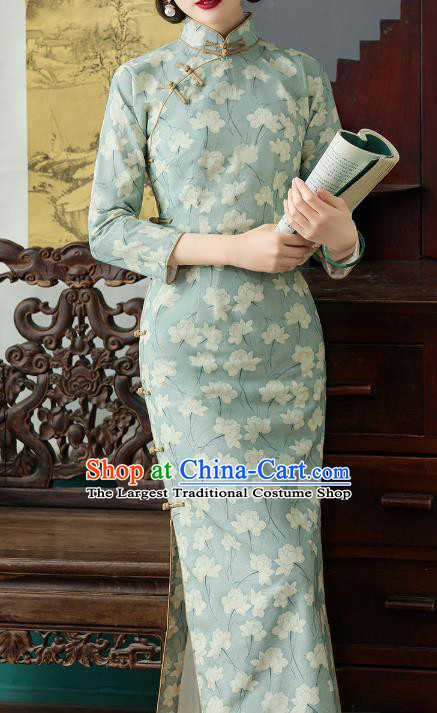 Chinese Traditional Young Lady Cheongsam National Woman Costume Classical Light Green Ramine Qipao Dress