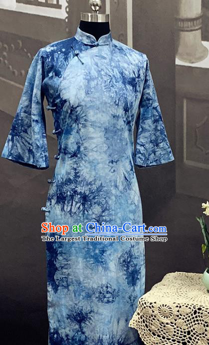 Republic of China Young Lady Cheongsam Costume Traditional Tie Dye Blue Flax Qipao Dress