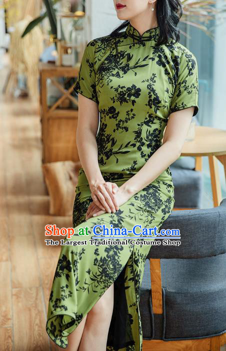 Republic of China Shanghai Beauty Classical Cheongsam Costume Traditional Printing Green Chiffon Qipao Dress